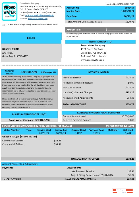 United Kingdom Turks and Caicos Islands Provo Water Company business utility bill Word and PDF template PSD template